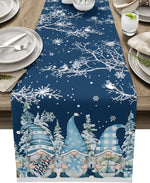 Christmas Table Runner with Snowman and Snowflake Pattern - Elegant Linen Runner