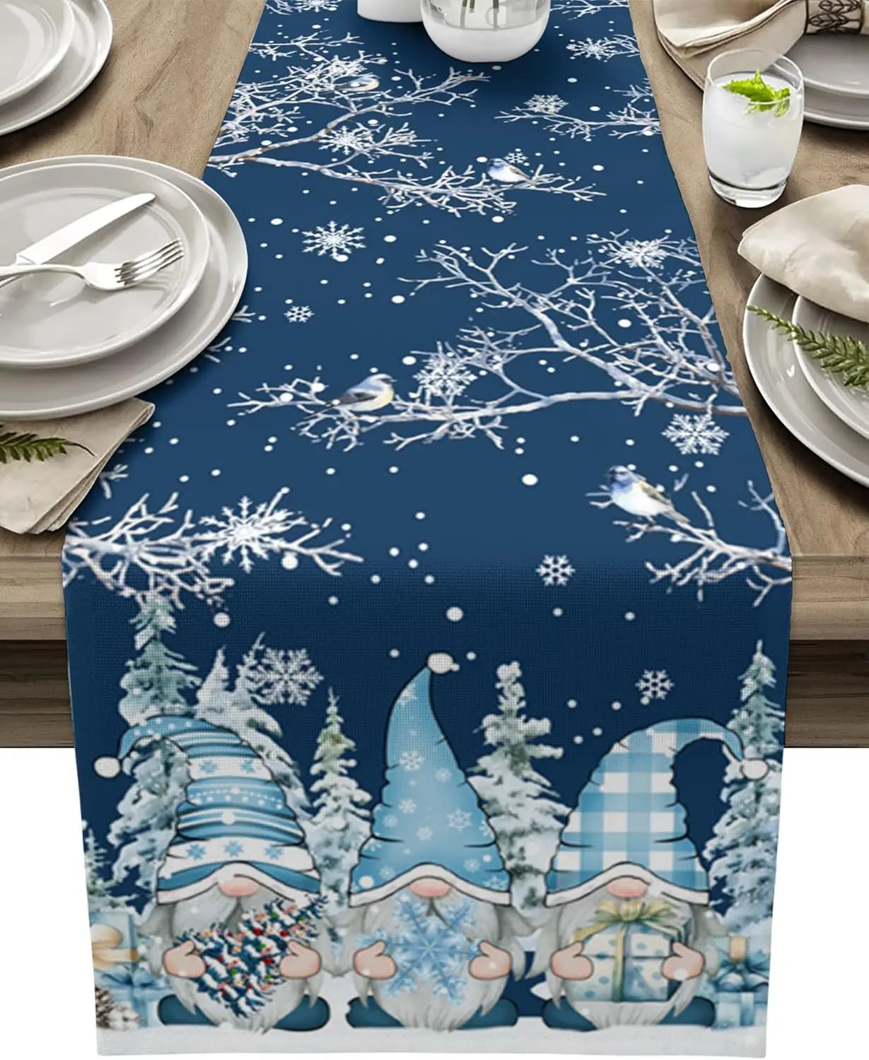 Christmas Table Runner with Snowman and Snowflake Pattern - Elegant Linen Runner