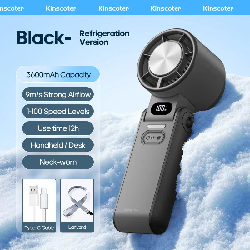FrostWind Mini-Ventilator | Anpassbare Kühlung mit 100 Stufen | 3600 mAh Akku | Tragbar & Eis-Kühlung