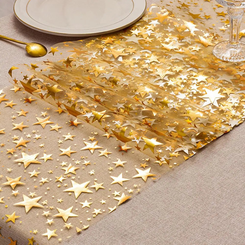 Eleganter Tischläufer GlamourGlanz | Metallisches Netz mit Sternenmotiv in Gold, Roségold oder Silber | Ideal für Festlichkeiten & Tischgestaltung