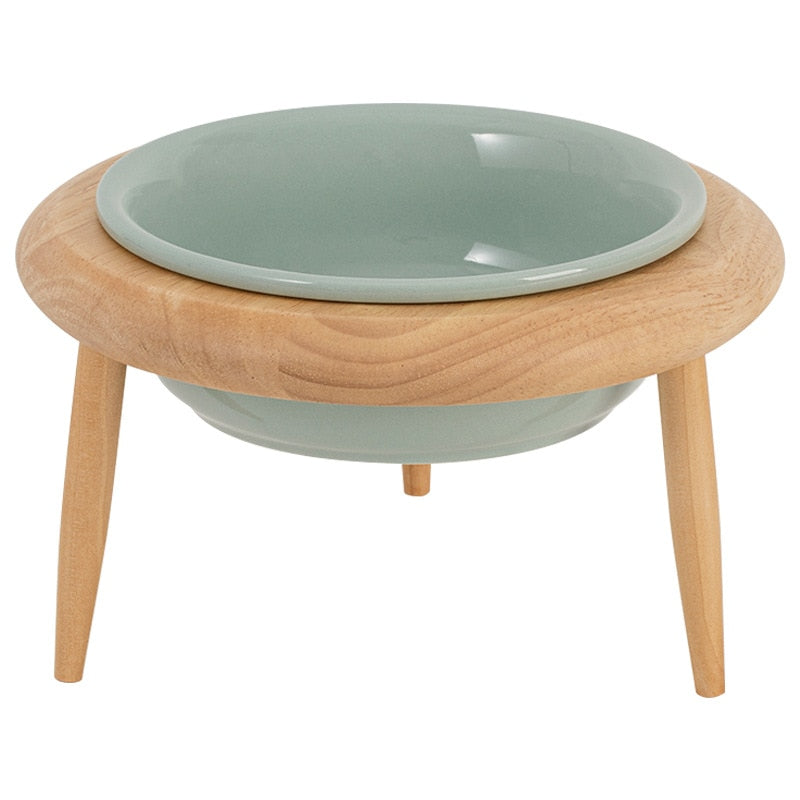 High-quality ceramic cat feeding station with wooden stand