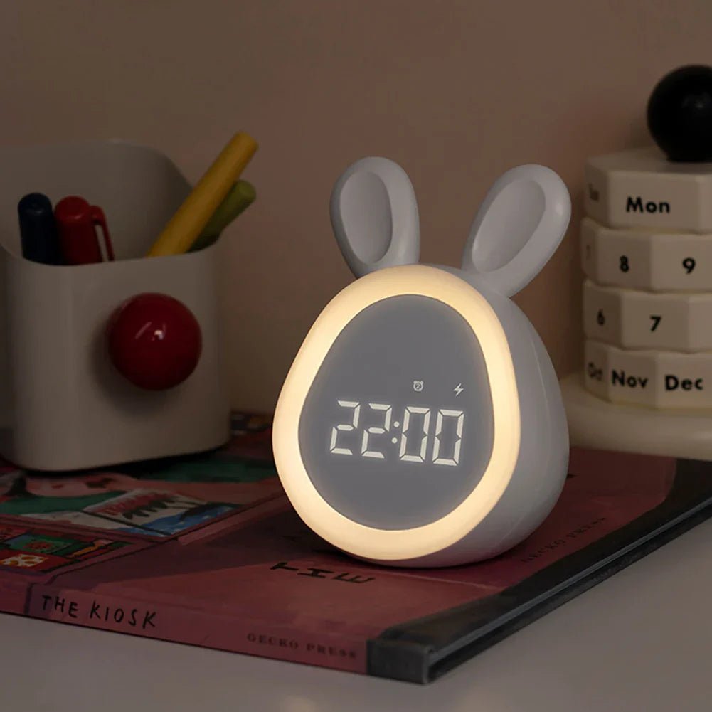 Children's Alarm Clock with LED Night Light and Playful Bunny Design