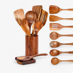Teak Küchenutensilien Set – 9 Teile mit Halter und Löffelablage