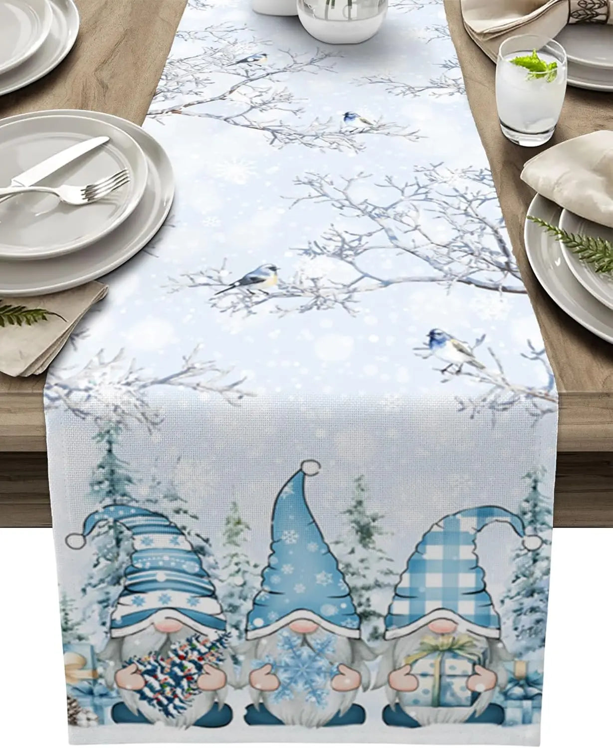 Christmas Table Runner with Snowman and Snowflake Pattern - Elegant Linen Runner
