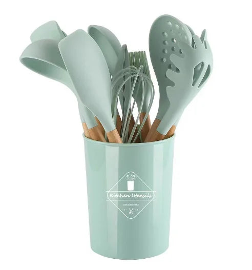 12-piece Silicone Kitchen Utensil Set with Wooden Handles