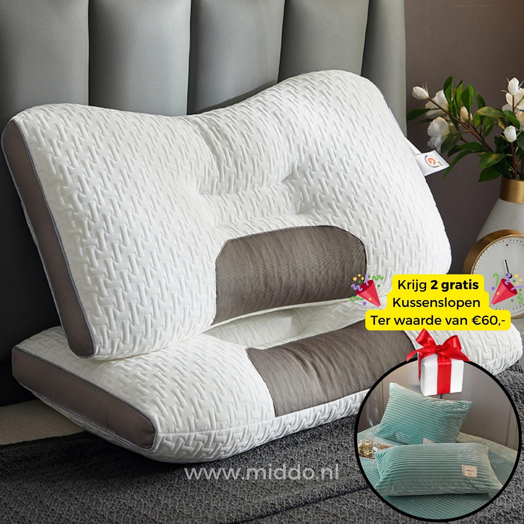 Ergonomisches Nackenstützkissen | Ideal für Rücken- und Seitenschläfer mit Gratis Bezügen!