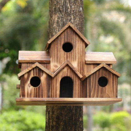 Wooden birdhouse with 6 entrances for small birds