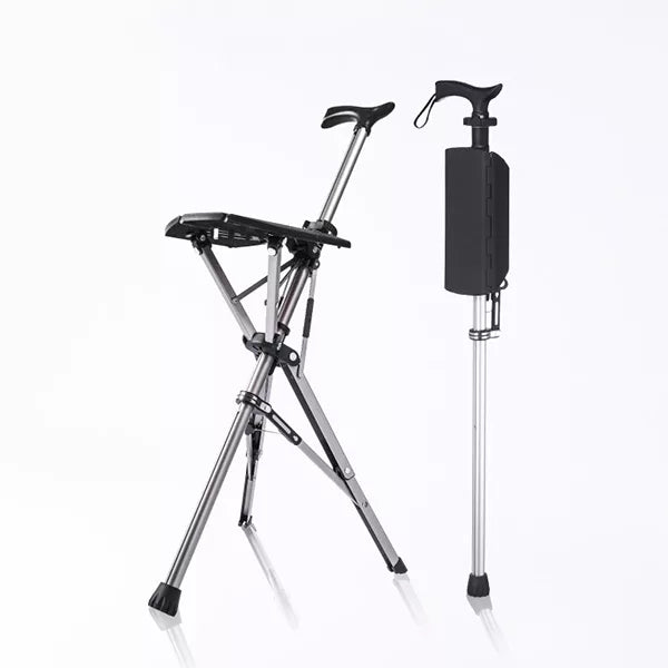 Faltbarer Gehstock mit Sitzfunktion und ergonomischem Griff