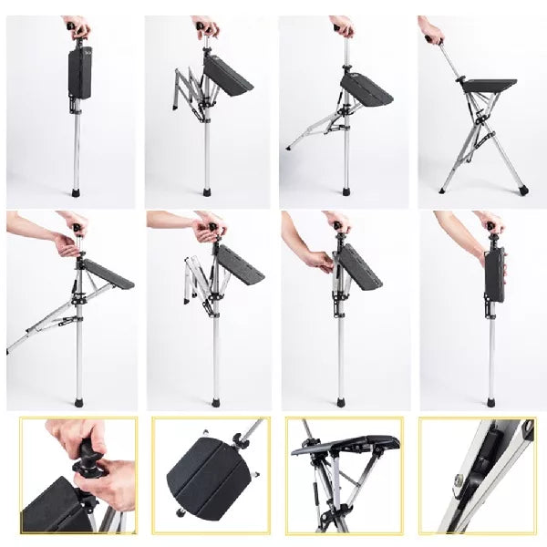 Faltbarer Gehstock mit Sitzfunktion und ergonomischem Griff