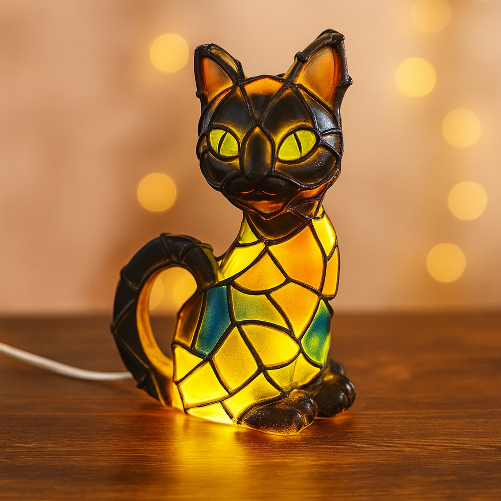 Artistic Resin Cat Lamp - Elegant Tiffany-Style Lighting Accent