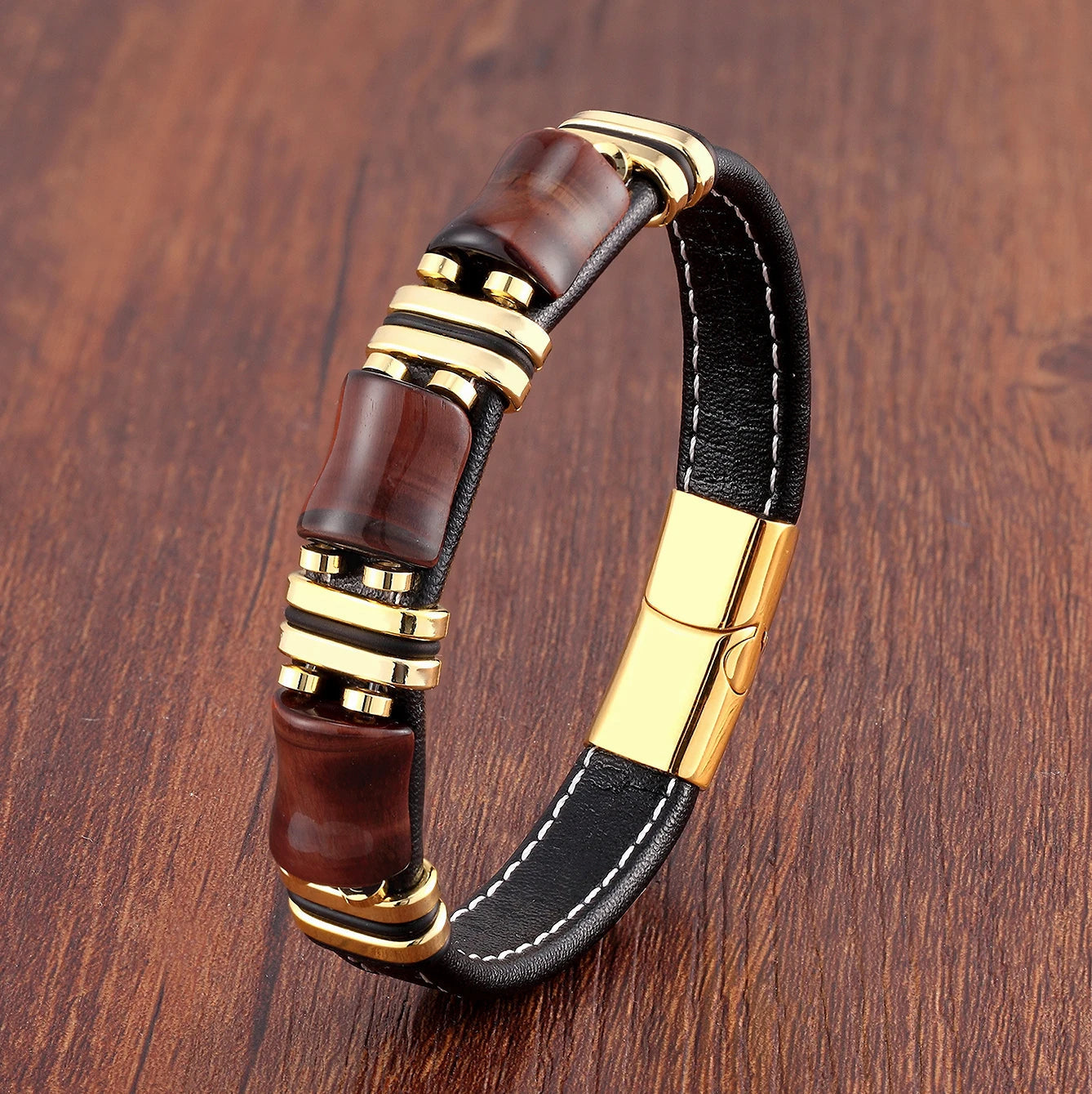 Leather Bracelet with Tiger's Eye and Stainless Steel Accents – Natural Stone Jewelry