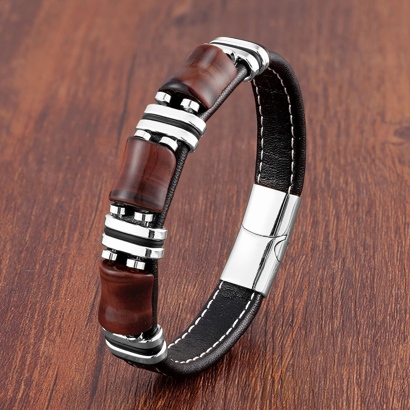 Leather Bracelet with Tiger's Eye and Stainless Steel Accents – Natural Stone Jewelry