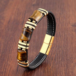 Leather Bracelet with Tiger's Eye and Stainless Steel Accents – Natural Stone Jewelry