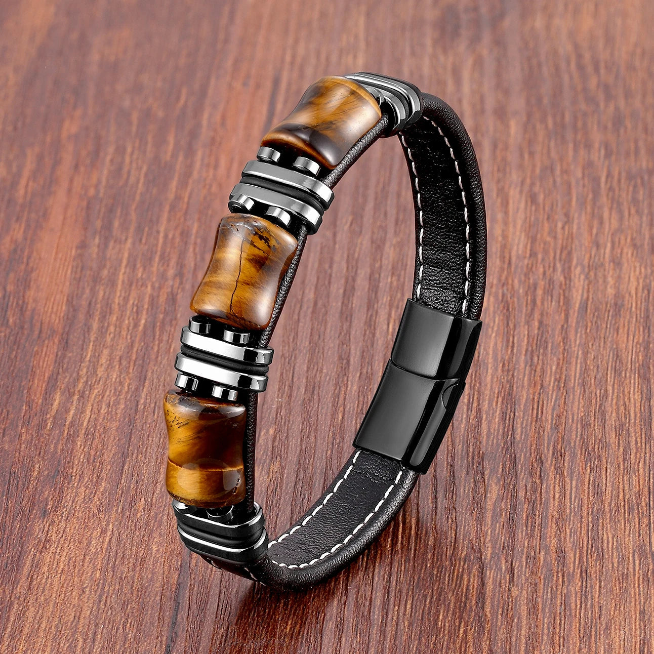 Leather Bracelet with Tiger's Eye and Stainless Steel Accents – Natural Stone Jewelry