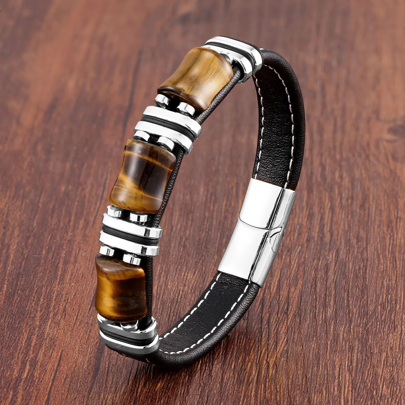 Leather Bracelet with Tiger's Eye and Stainless Steel Accents – Natural Stone Jewelry