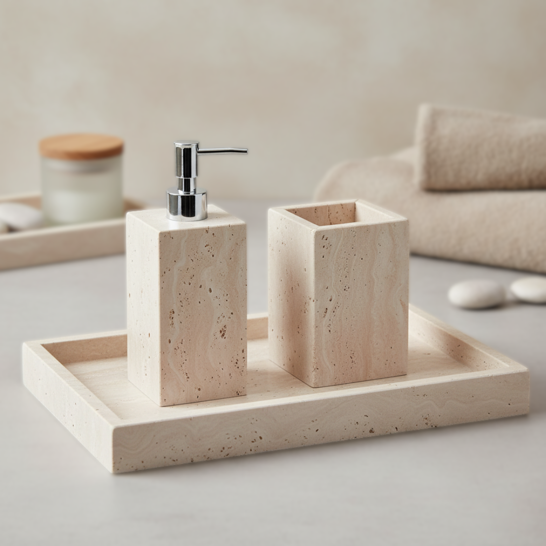 Elegantes Badzubehör-Set – Seifenspender, Zahnbürstenhalter & Ablage aus Naturstein