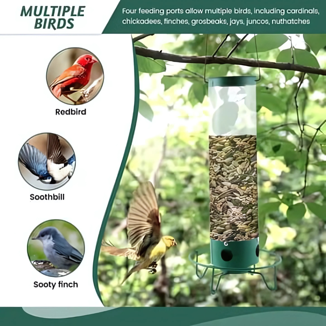 Drehbarer, eichhörnchenresistenter Gartenfutterspender mit mehreren Futteröffnungen