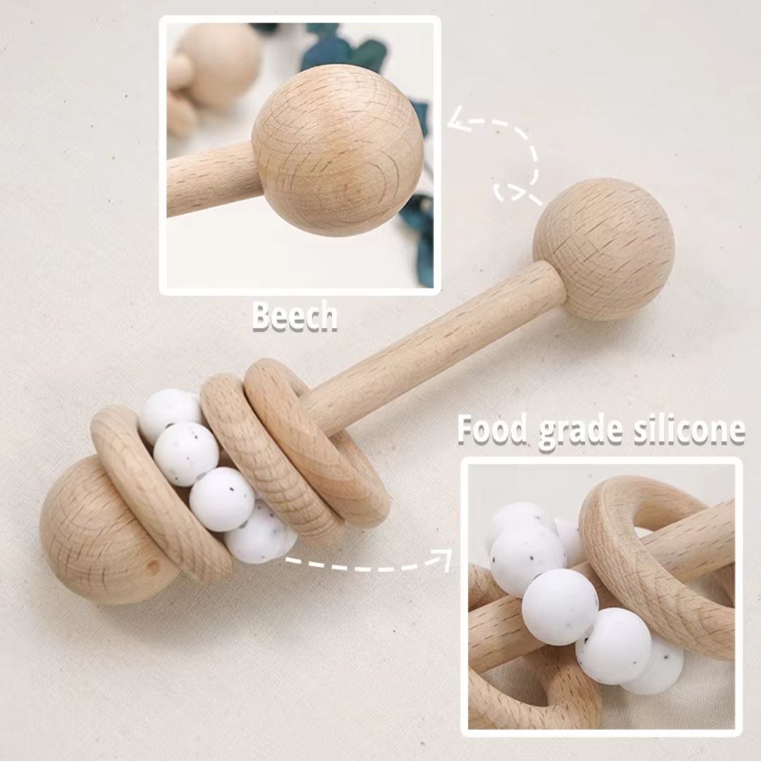 Wooden Rattle for Babies with Teethers – Teething Support Toy