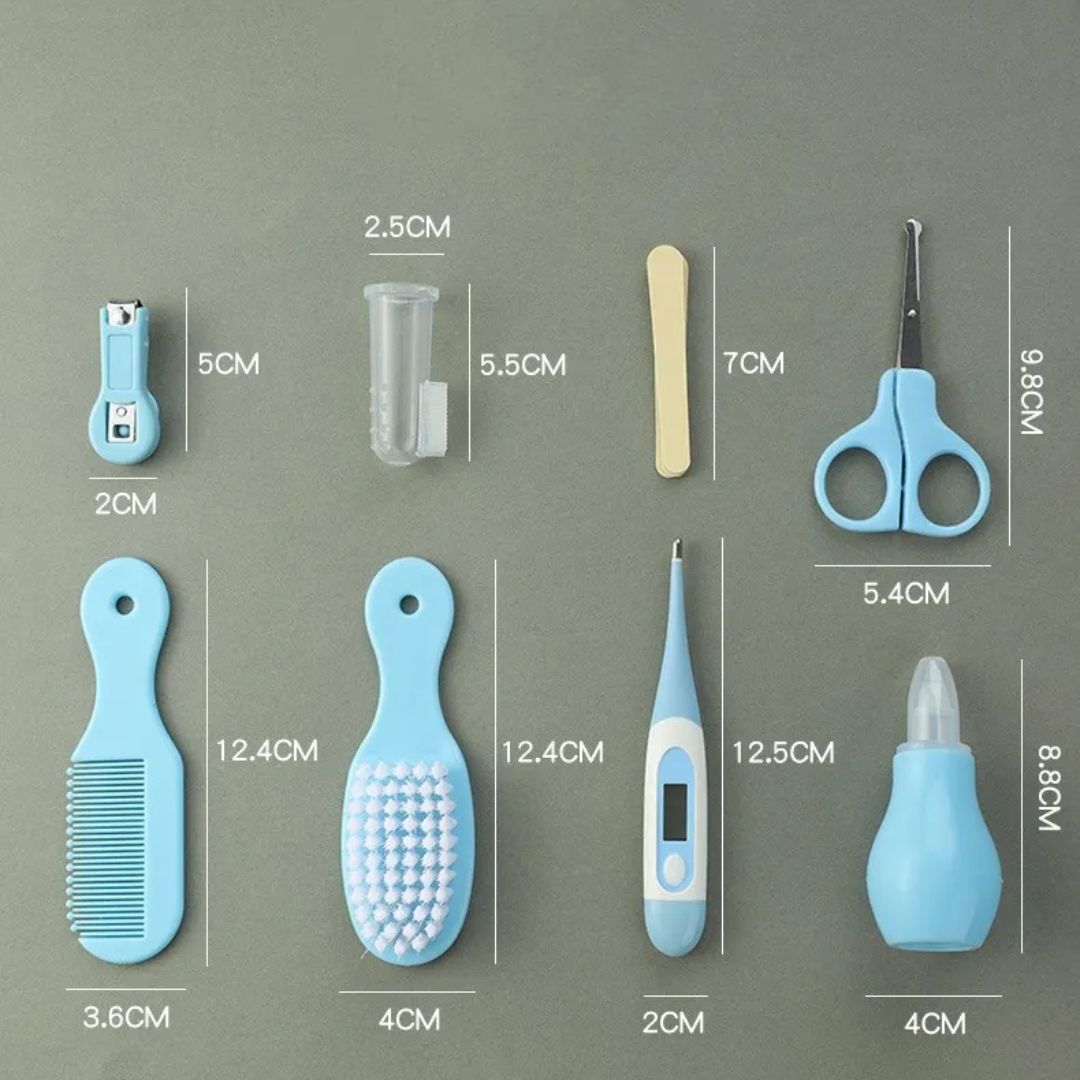 Baby care set with nail clippers, fever thermometer, brush, and comb