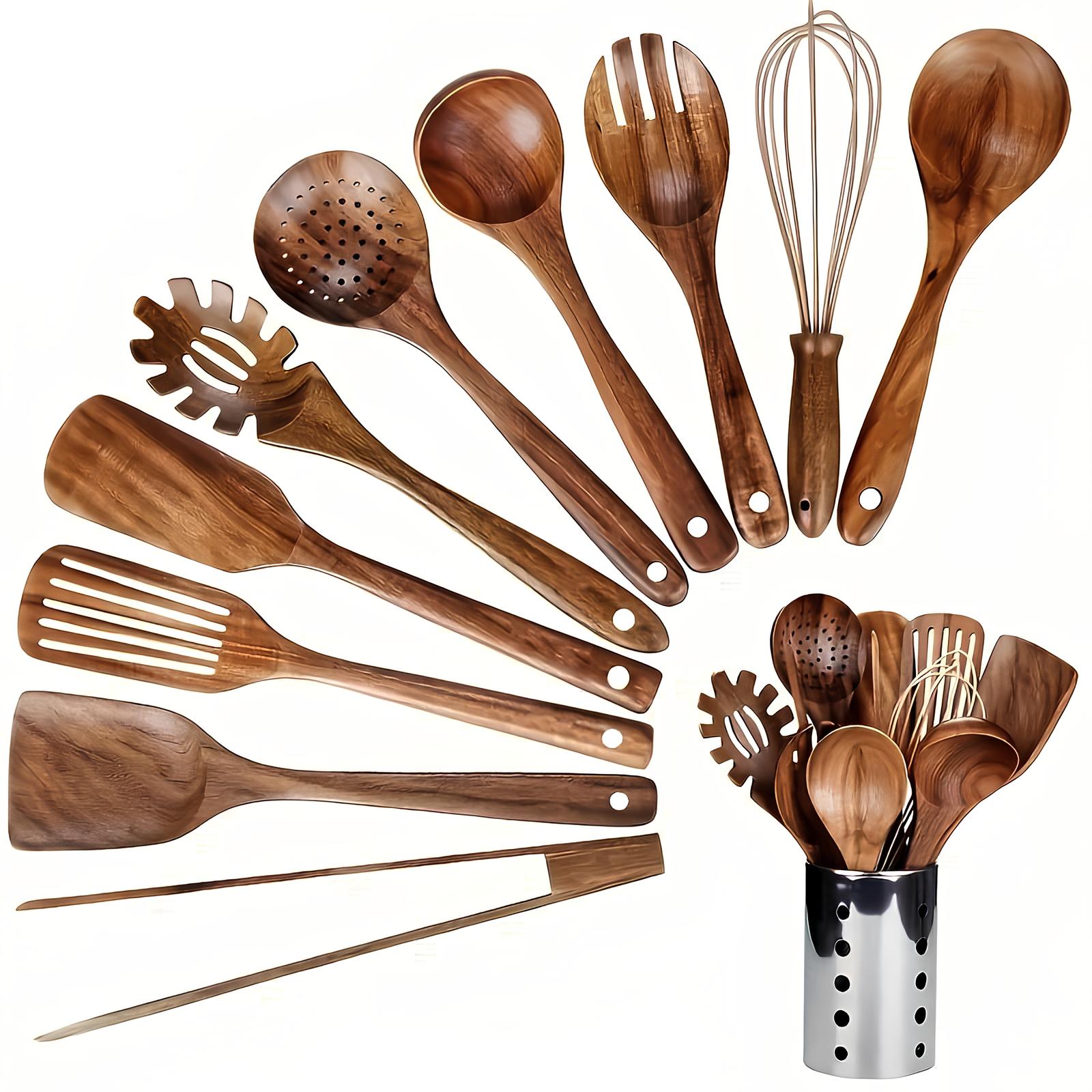 11-Piece Teak Kitchen Utensil Set - With Holder - Natural Look