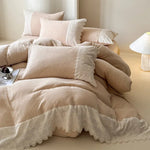 4-Piece Bedding Set Breathable Cotton Gauze Lace Trim