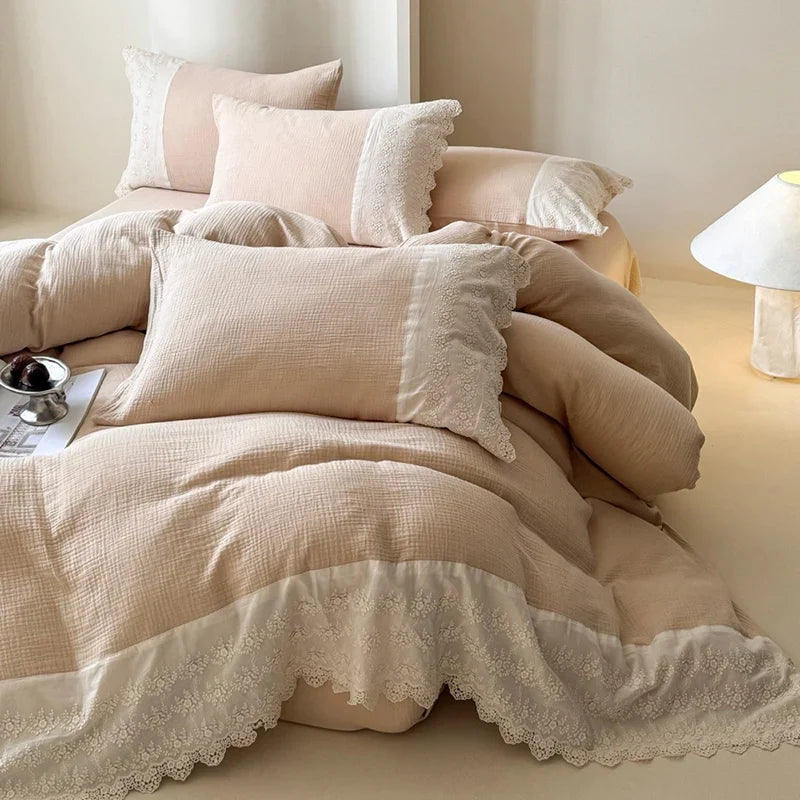 4-Piece Bedding Set Breathable Cotton Gauze Lace Trim