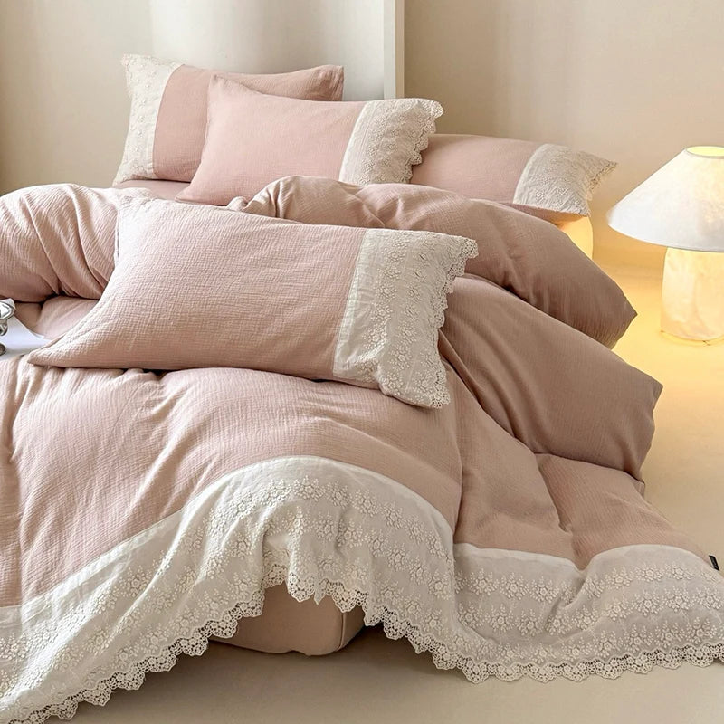 4-Piece Bedding Set Breathable Cotton Gauze Lace Trim