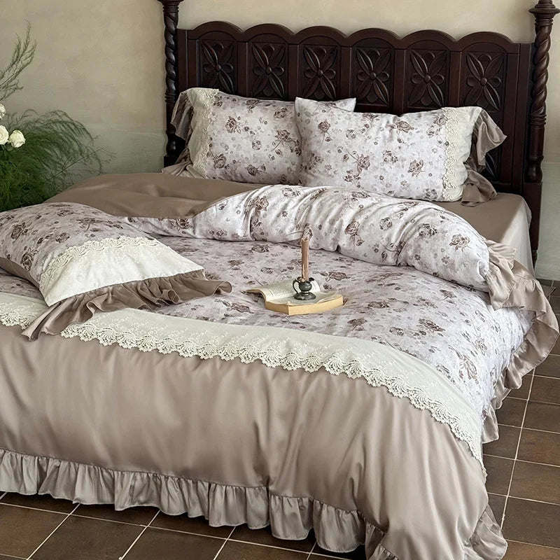 4-Piece Bedding Set Cotton Percale & Satin Trim Lace Applique