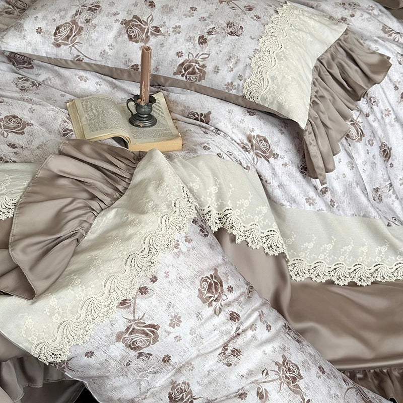 4-Piece Bedding Set Cotton Percale & Satin Trim Lace Applique