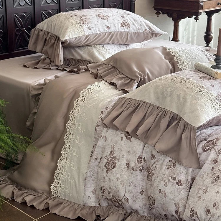 4-Piece Bedding Set Cotton Percale & Satin Trim Lace Applique