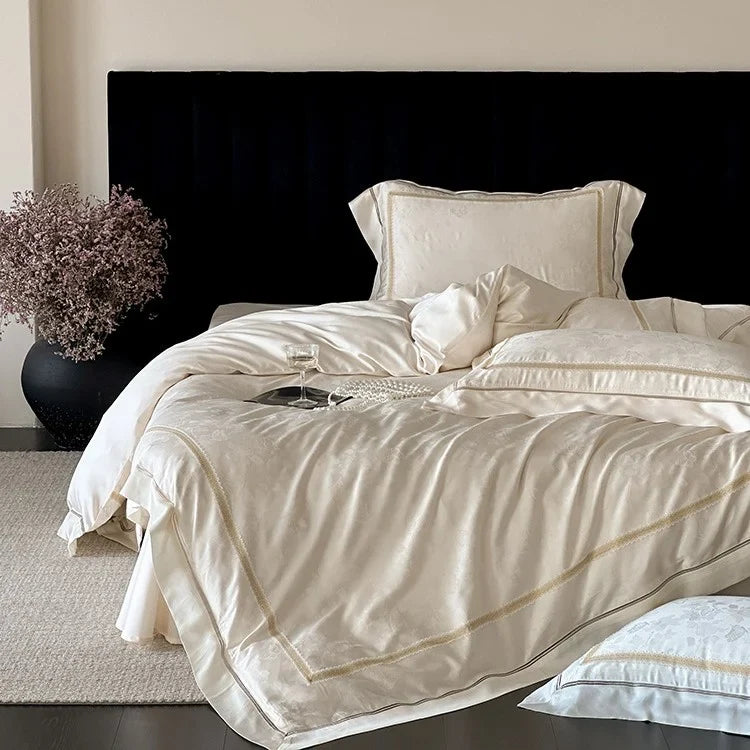 4-Piece Bedding Set Cotton Satin Tonal Jacquard Embroidered Border