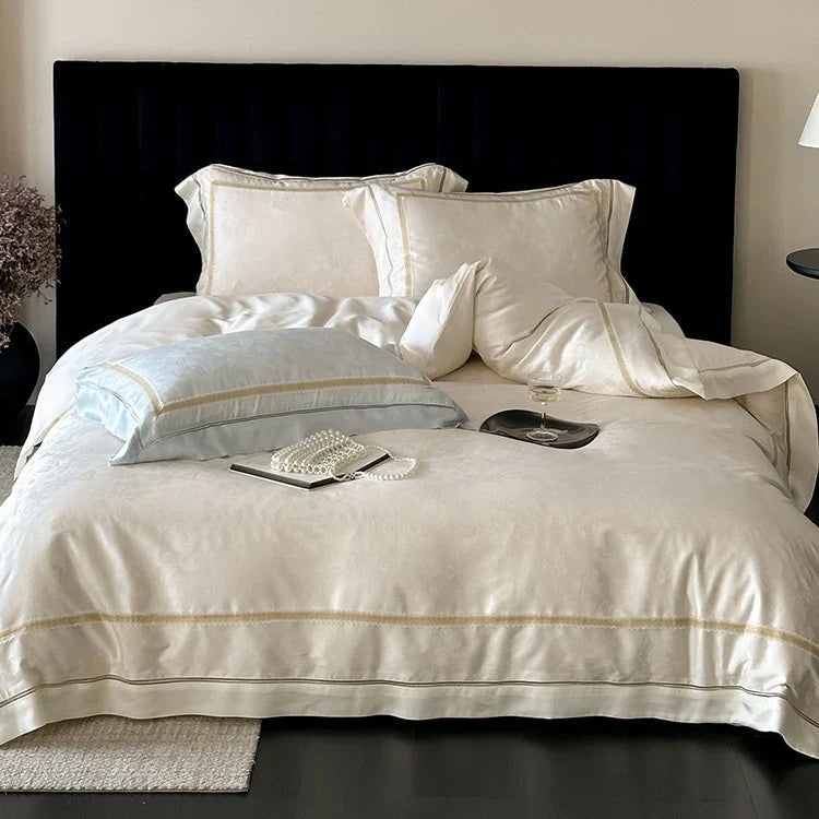 4-Piece Bedding Set Cotton Satin Tonal Jacquard Embroidered Border