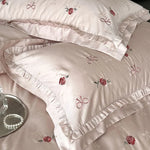 4-Piece Bedding Set Silky Satin Floral Embroidery Machine Washable
