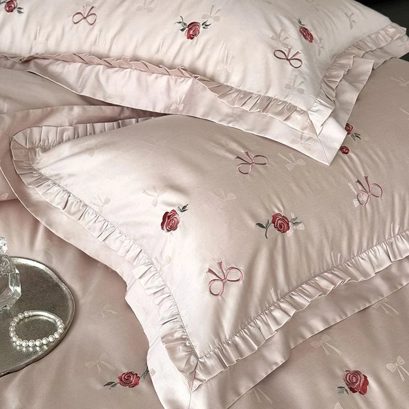 4-Piece Bedding Set Silky Satin Floral Embroidery Machine Washable