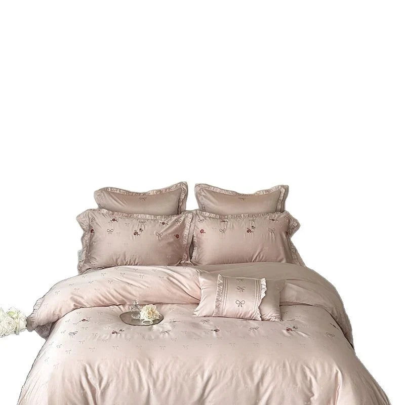 4-Piece Bedding Set Silky Satin Floral Embroidery Machine Washable