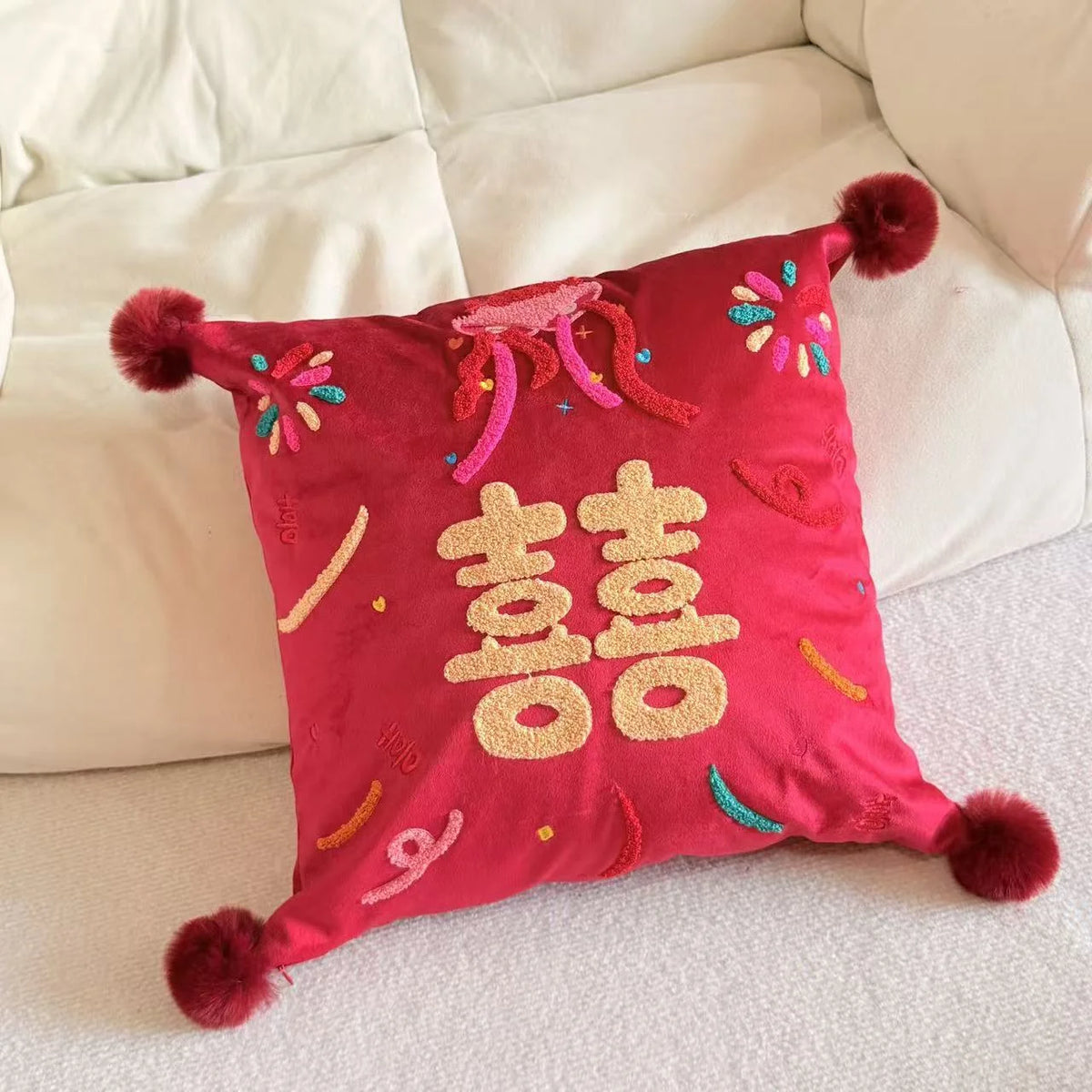 Accent Cushion Hand-Tufted Chenille Pom-Pom Corners