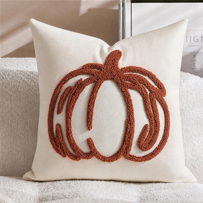 Accent Pillow Cover Hand-Embroidered Chenille Pumpkin Linen-Feel