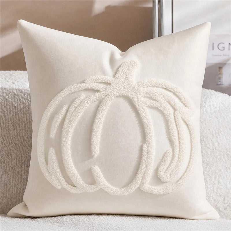 Accent Pillow Cover Hand-Embroidered Chenille Pumpkin Linen-Feel