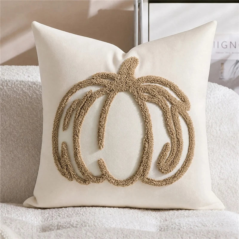 Accent Pillow Cover Hand-Embroidered Chenille Pumpkin Linen-Feel