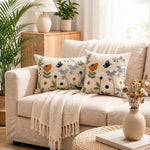 Accent Pillow Cover Set Hand-Embroidered Floral Chenille Linen-Blend