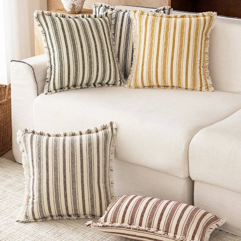 Accent Pillow Handwoven Cotton Fringed Stripe Removable Cover