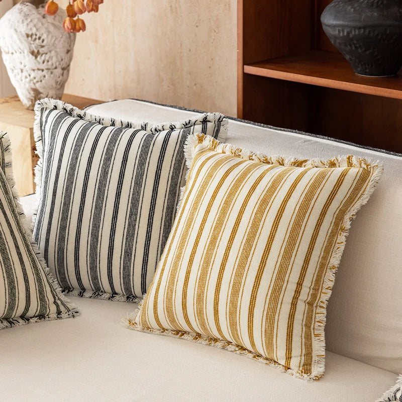 Accent Pillow Handwoven Cotton Fringed Stripe Removable Cover