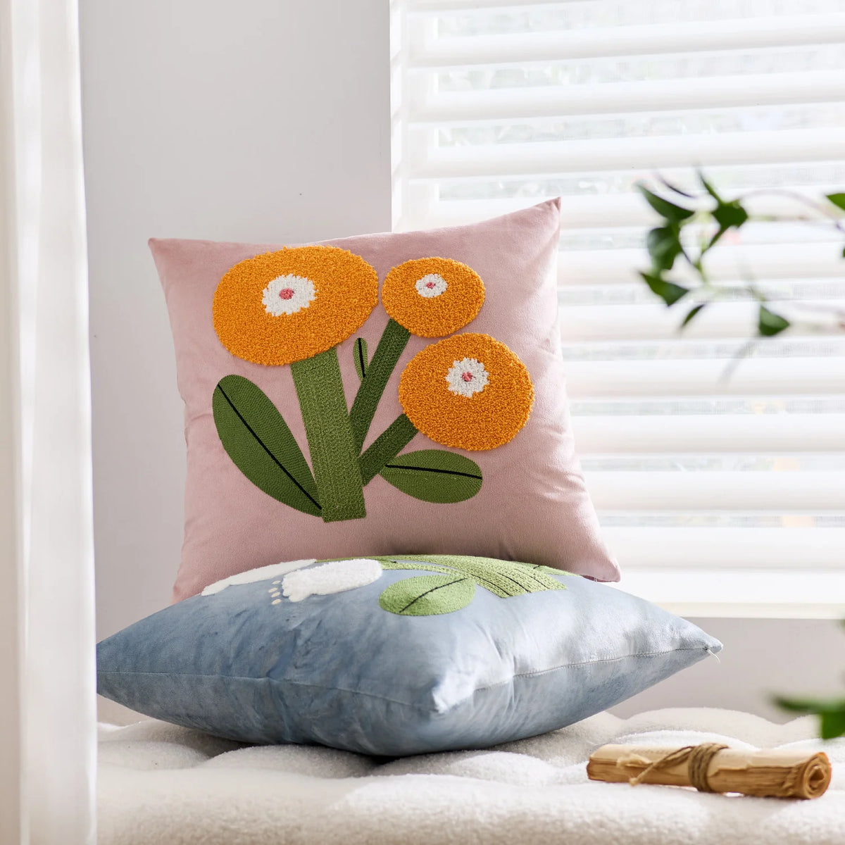 Accent Pillow Velvet Cover Hand-Appliquéd Tufted Floral