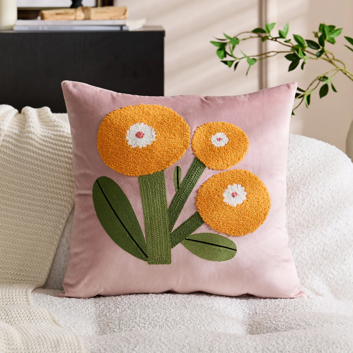 Accent Pillow Velvet Cover Hand-Appliquéd Tufted Floral