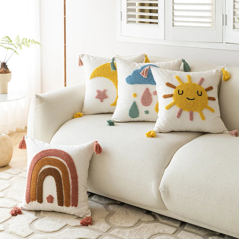 Accent Throw Pillow Cover Tufted Chenille Tassel Trim