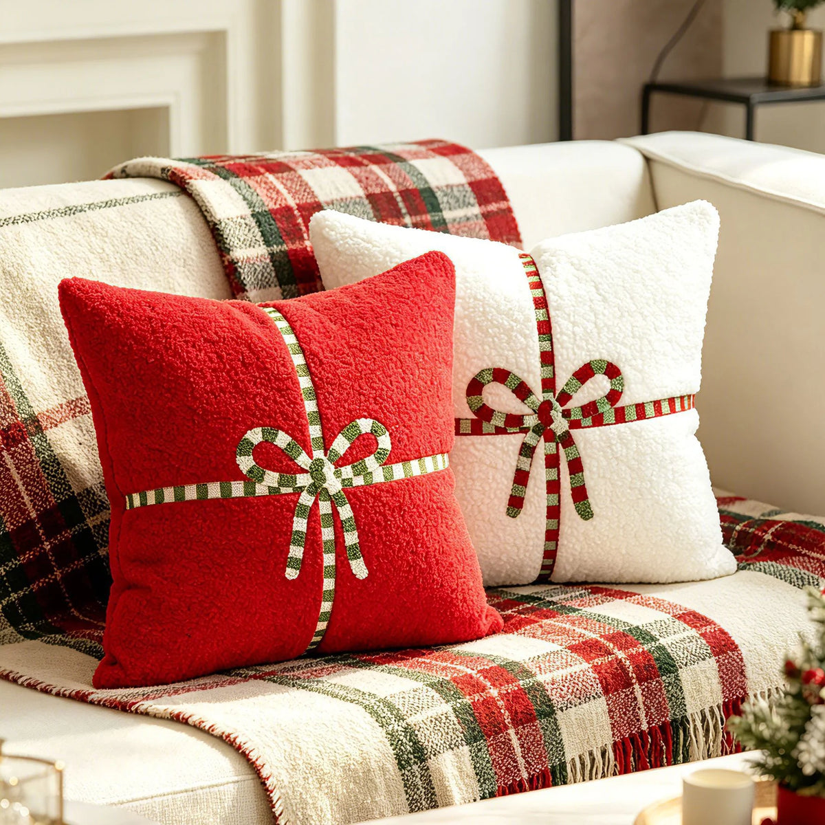 Accent Throw Pillow Sherpa Cover & Embroidered Bow