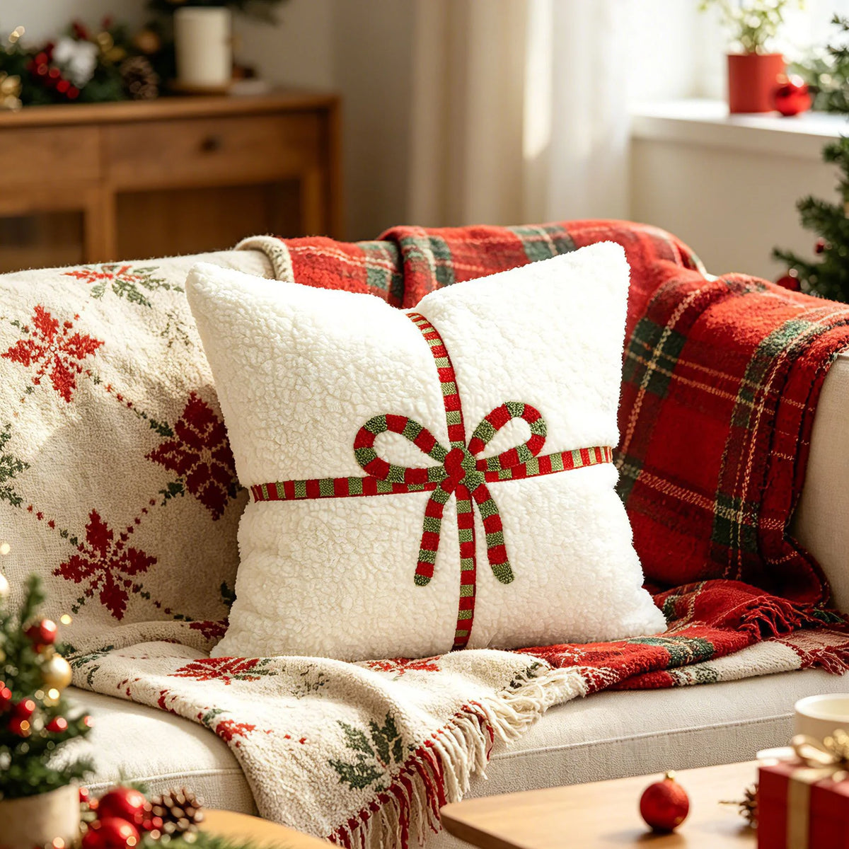 Accent Throw Pillow Sherpa Cover & Embroidered Bow