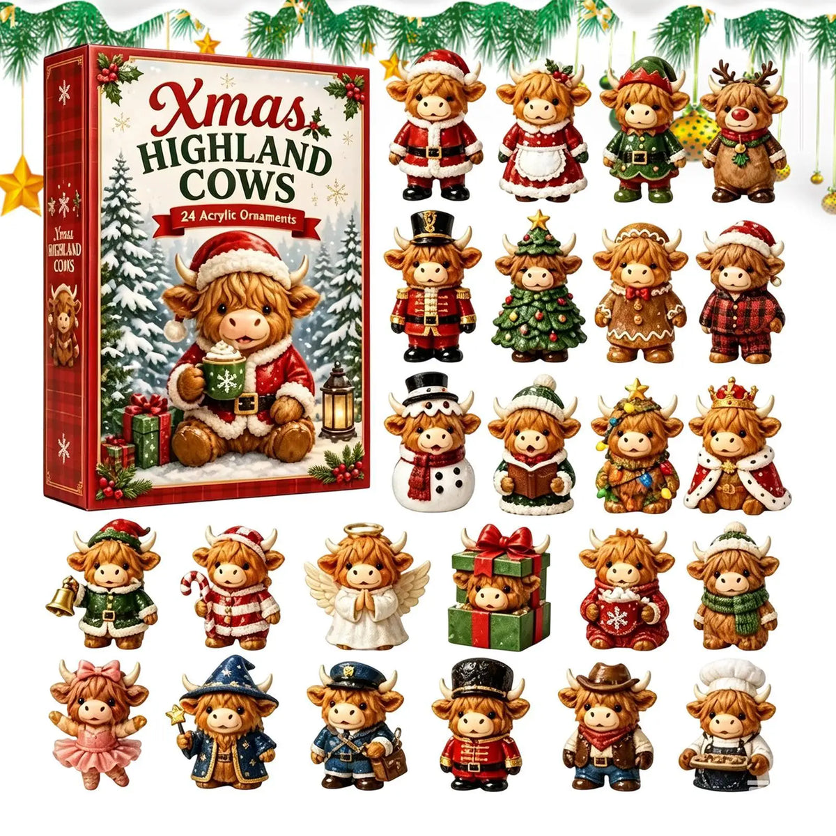 Advent Calendar 24 Cow Ornaments Freestanding or Wall-Mounted