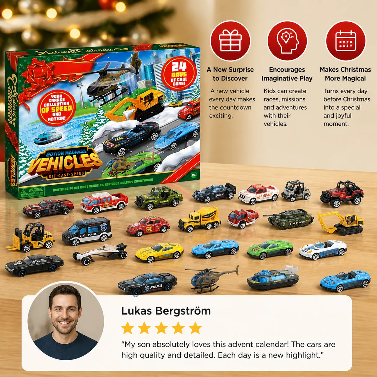 Advent Calendar 24 Die-Cast Toy Cars for Christmas Countdown