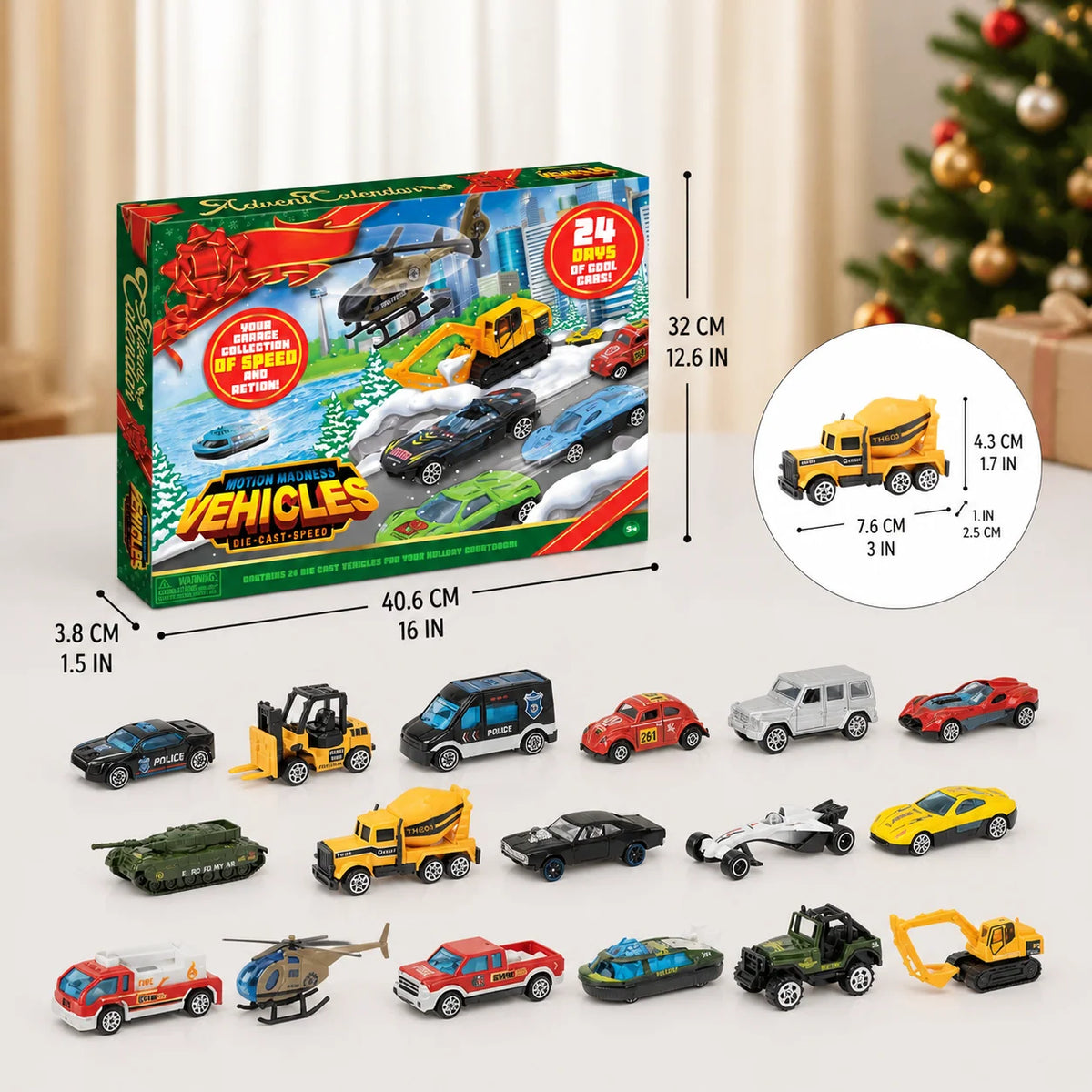 Advent Calendar 24 Die-Cast Toy Cars for Christmas Countdown